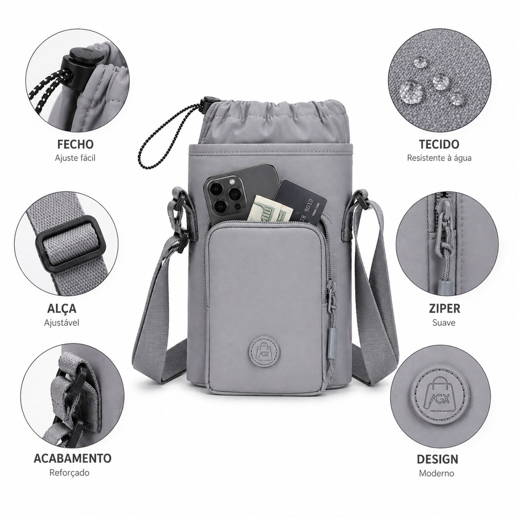 Bolsa Transversal para Garrafa Porta Garrafa Térmica com Bolso para Celular Zíper Resistente à Água
