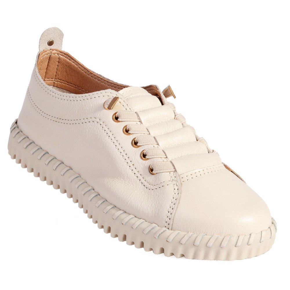 Tênis Feminino Bottero em Couro Off White com Cadarço em Elástico Calce Fácil