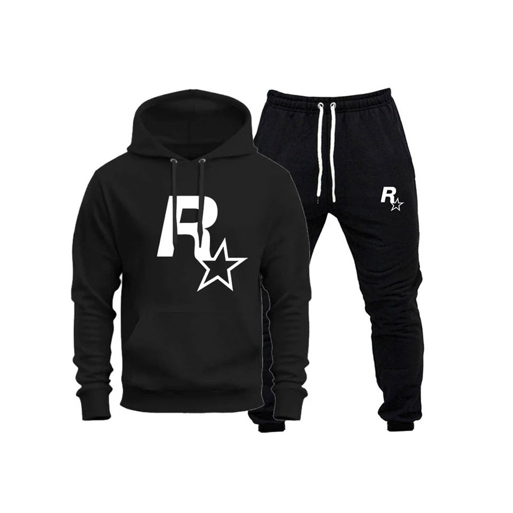 Conjunto Moletom Canguru Masculino Rockstar Blusa De Frio + Calça Moletom Estampados Unissex Outono/Inverno