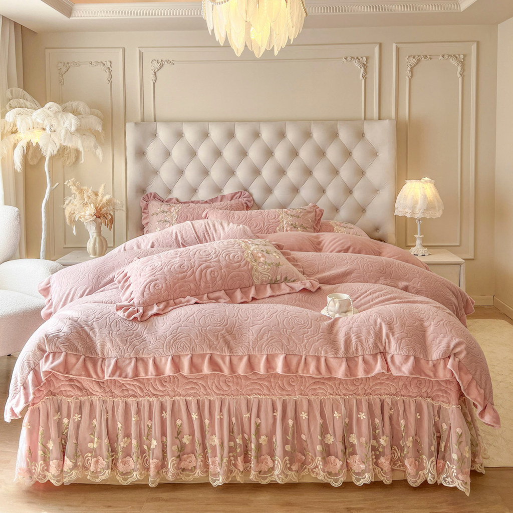Estilo europeu rosa esculpido leite velo capa de cama conjunto de quatro peças engrossado quente pelúcia lençol conjunto
