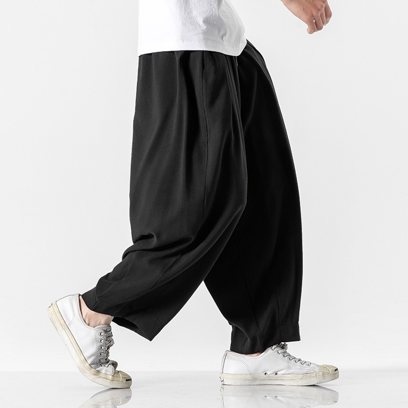 Calças estilo chinês masculino Tang terno estilo chinês gota-pense calças de perna larga Street Wear Retro solto calças