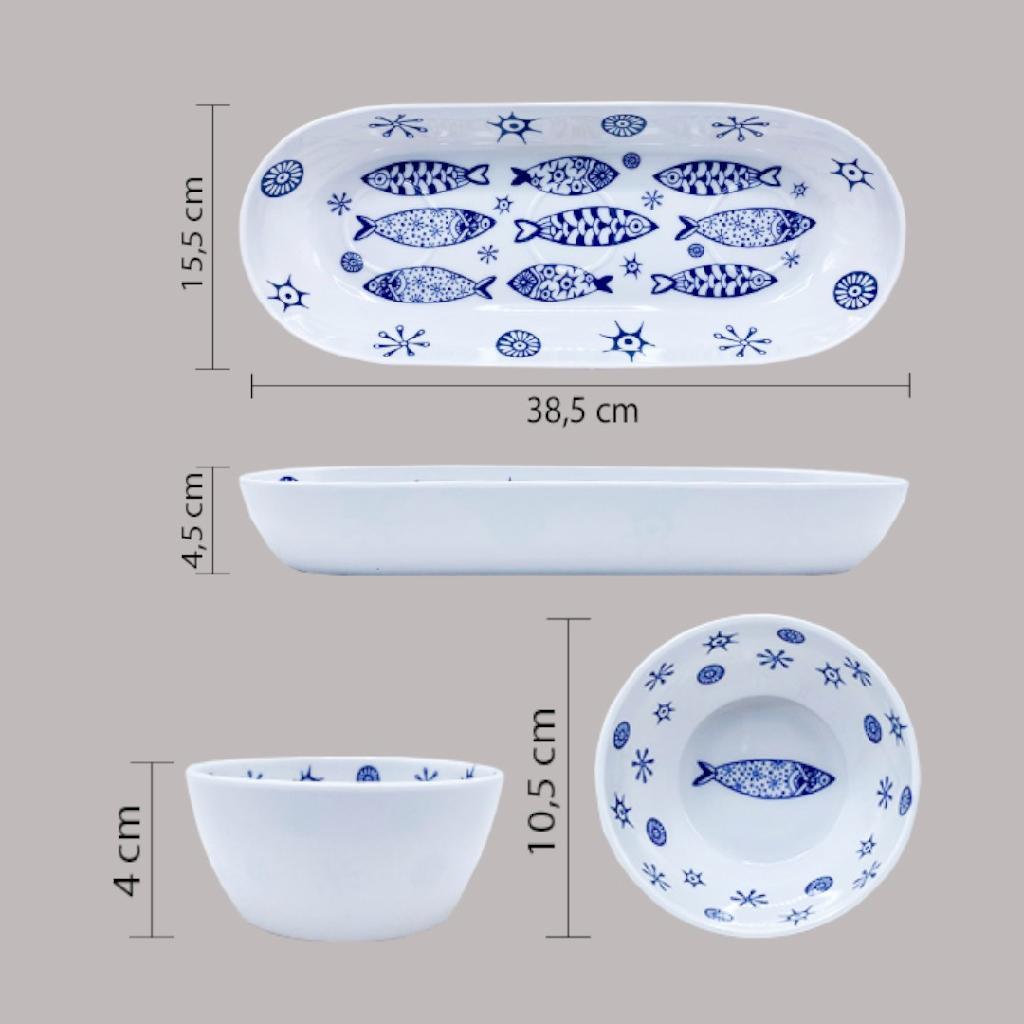 Conjunto Servir Azul Oceano Melamina Travessa 38,5cm Bowls 10,5cm Poke Restaurante Japones Oriental