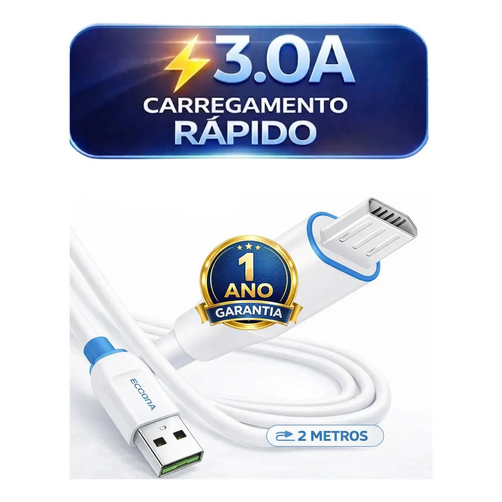 Cabo Micro USB V8 2m Carregador Android Dados e Carga Resistente p/ Celular Controle