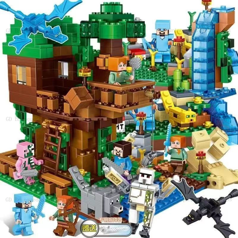Detalhes do 1000 Peças Blocos de Montar Meu Mundo Selva com Cachoeira,Casa na Árvore e Gato Leopardo Presente Criativo para Crianças
