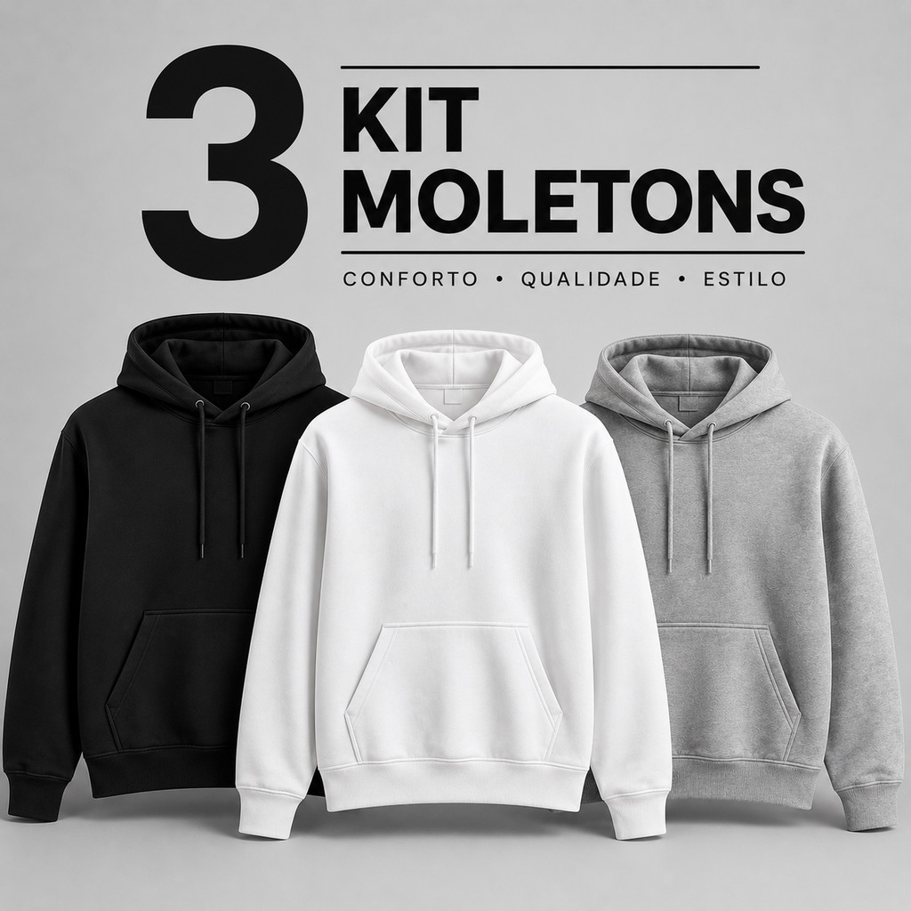 Kit 3 Moletom Canguru Liso Algodão Unissex com Capuz e Bolso  P ao GG