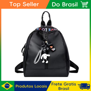 Mochila Pequena Feminina de Nylon comcom Estampa LOVE e Pingente de Urso Multiuso para Uso Diário e Viagem