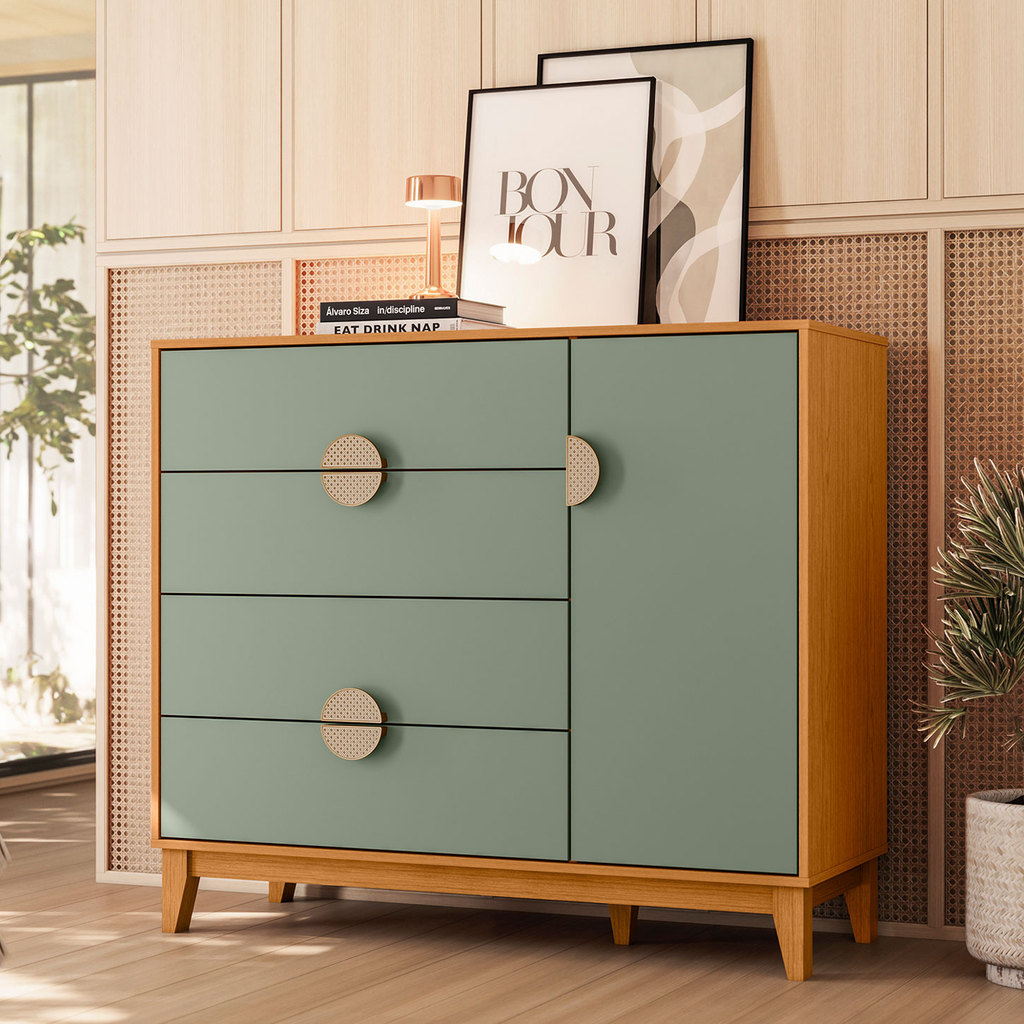 Cômoda Sapateira Para Quarto Moderna Ipê com 4 Gavetas 1 Porta Cinamomo com Sálvia - Albatroz Móveis