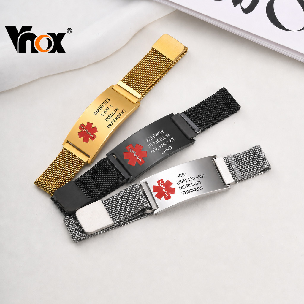 Pulseira De Identificação Médica Vnox Banda De Malha De Aço Inoxidável Alerta De Emergência Gravar Informações De Alergi
