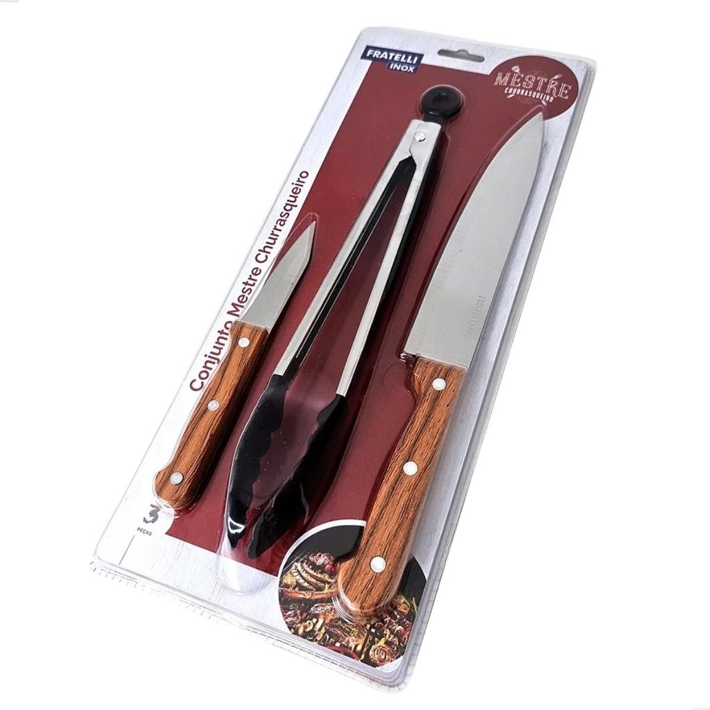 Kit Mestre Churrasqueiro 2 Facas carne e pegador carne durável cozinha Fratelli queima promação
