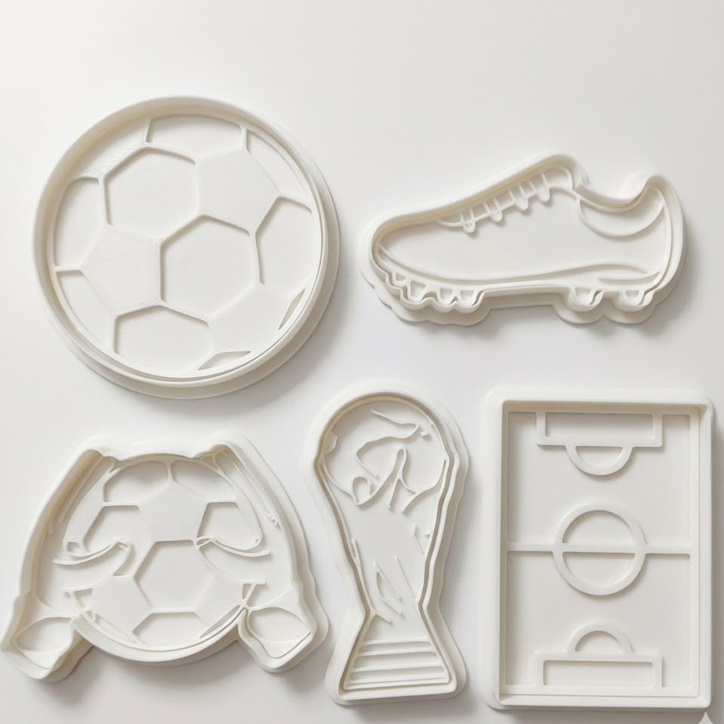 Kit Cortador de Biscoito Tema Futebol: Bola, Campo e Taça