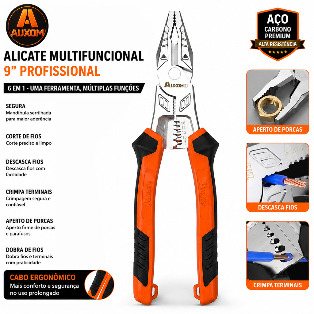 Multifuncional Wire Stripper Alicate 9" - Corta, Crimpa e Descasca Fios, Ferramenta de Eletricista