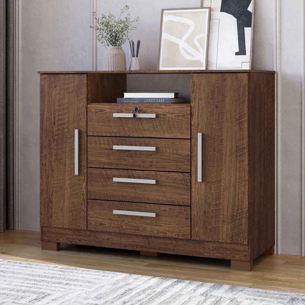 Cômoda para Quarto 2 Portas e 4 Gavetas com Chave 120,5cm com Pés Floripa Malbec