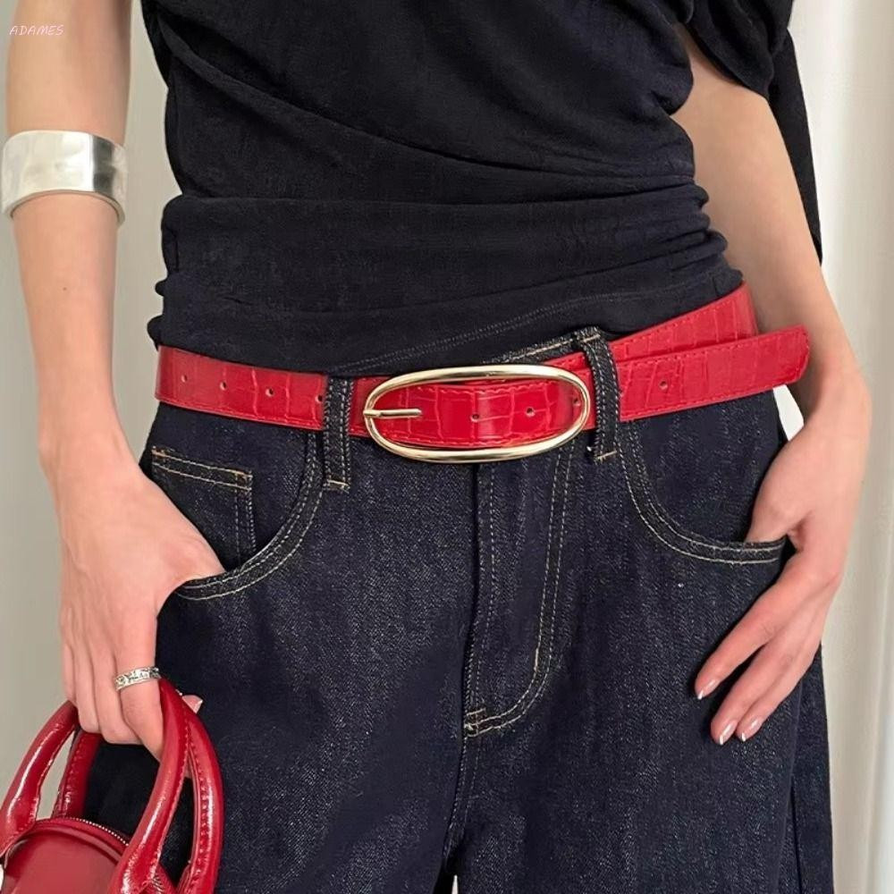 Cinto feminino ADAMES, jeans Y2k de couro PU de designer, vestido casual luxuoso nas cores vermelho, preto e café.