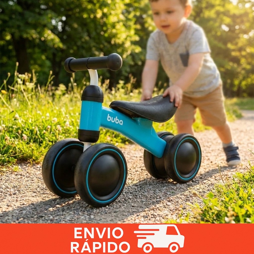 Bicicleta Equilíbrio Buba 4 Rodas Azul Infantil Menino Bebê Sem Pedal