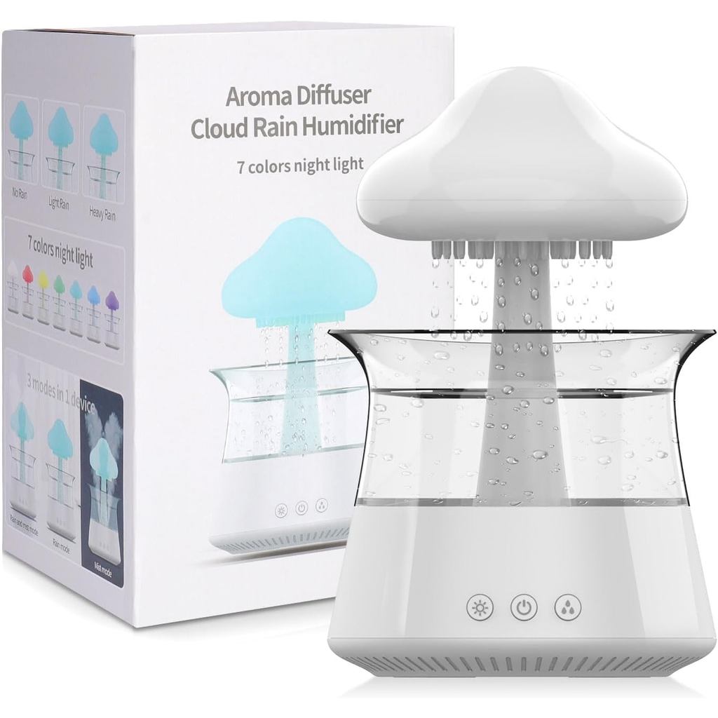 Imagem Umidificador de Ar cjc Cloud Rain para quarto com sons relaxantes de chuva, auxílio para dormir, luz noturna em forma de