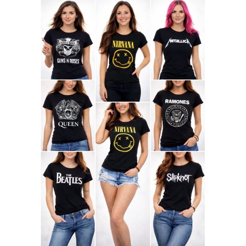 Camiseta Feminina Baby Look Preta Bandas Rock Guns N' Roses, Metallica, Queen, Nirvana, Legião, Slipknot