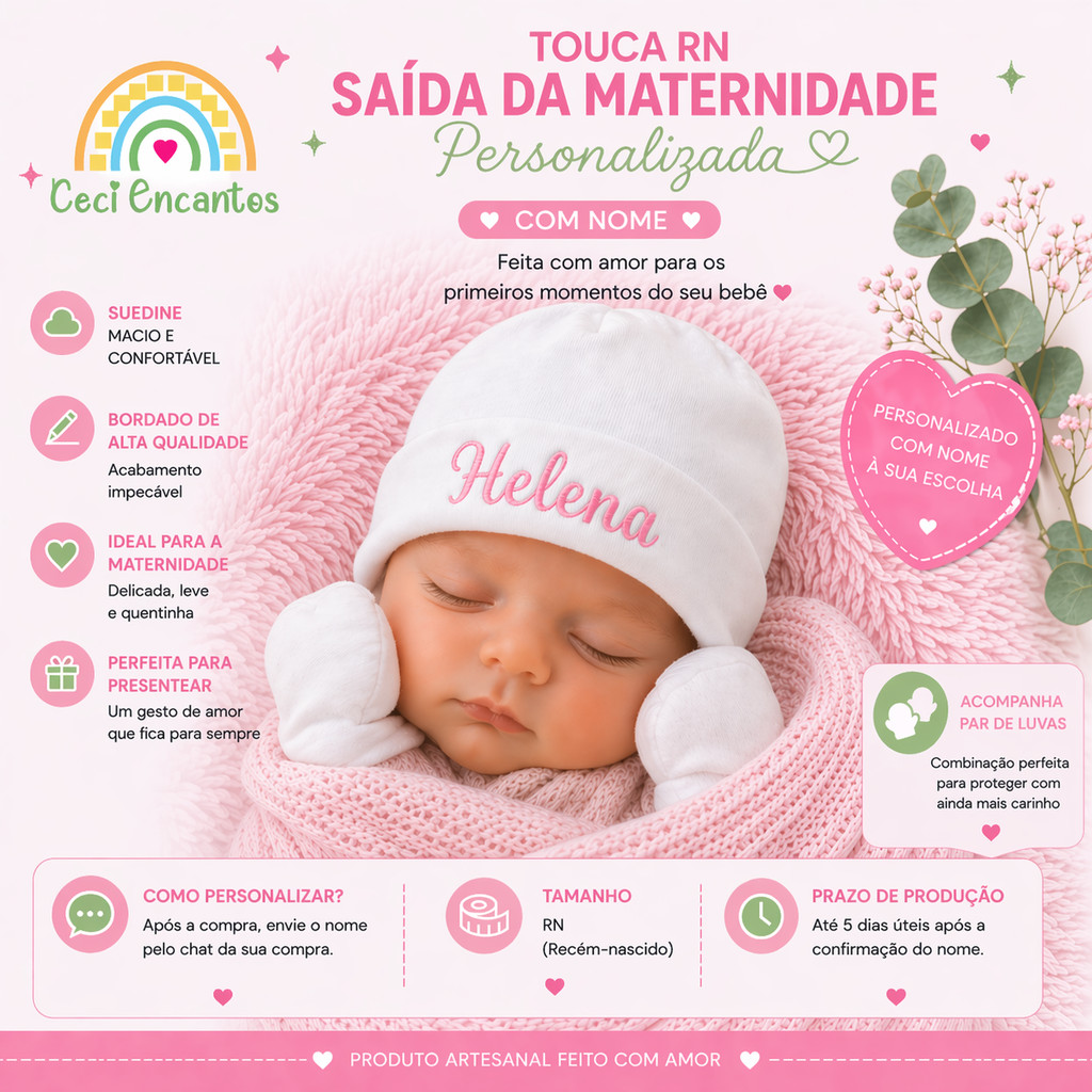 Touca RN e Par de Luvas Personalizada com NOME  - Feito em Suedine 100% Algodão - Saída Maternidade