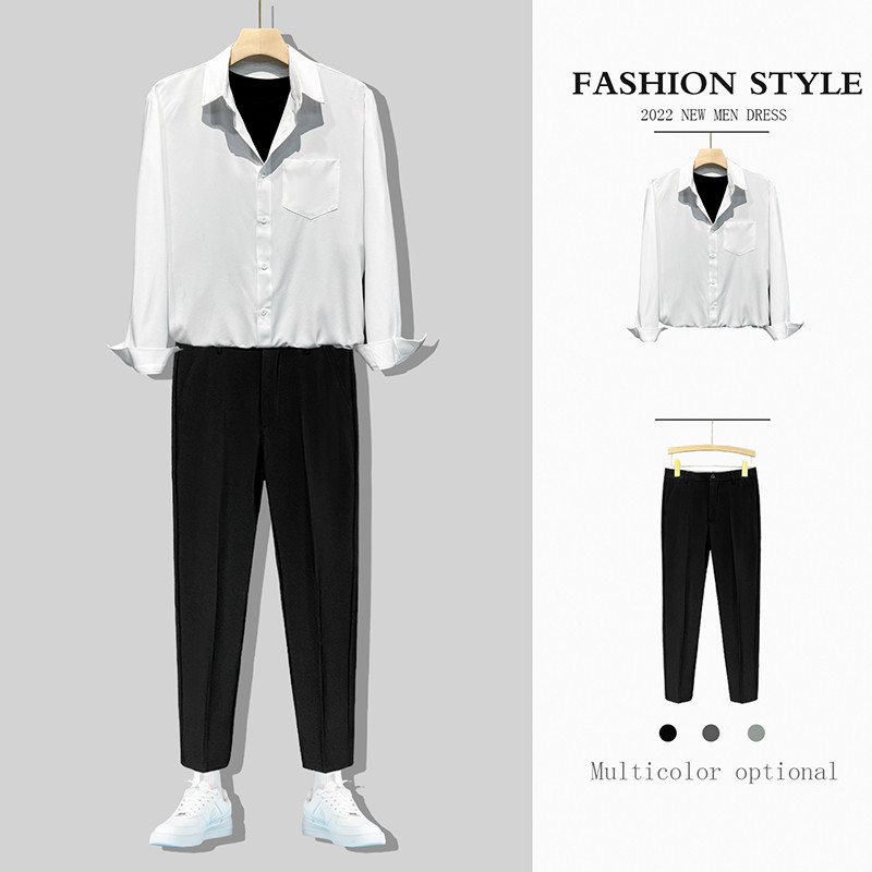 Camisa masculina de manga comprida versão coreana na moda calças masculinas um conjunto camisa luz estilo maduro bonito 