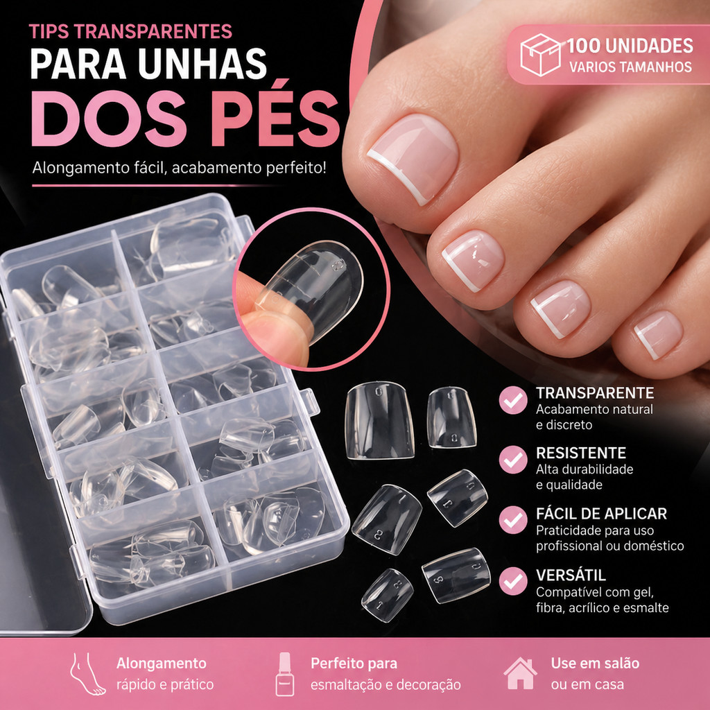 Tips De Pé Transparente Unha Postiça 100 Unidades Alongamento Original