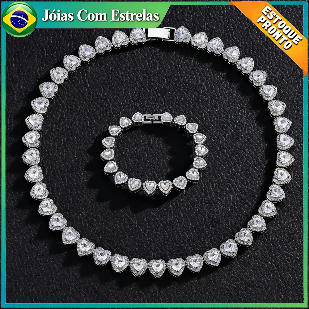 Conjunto de colar e pulseira com pingente de coração estilo hip hop em aço titânio com cores resistentes ao desbotamento
