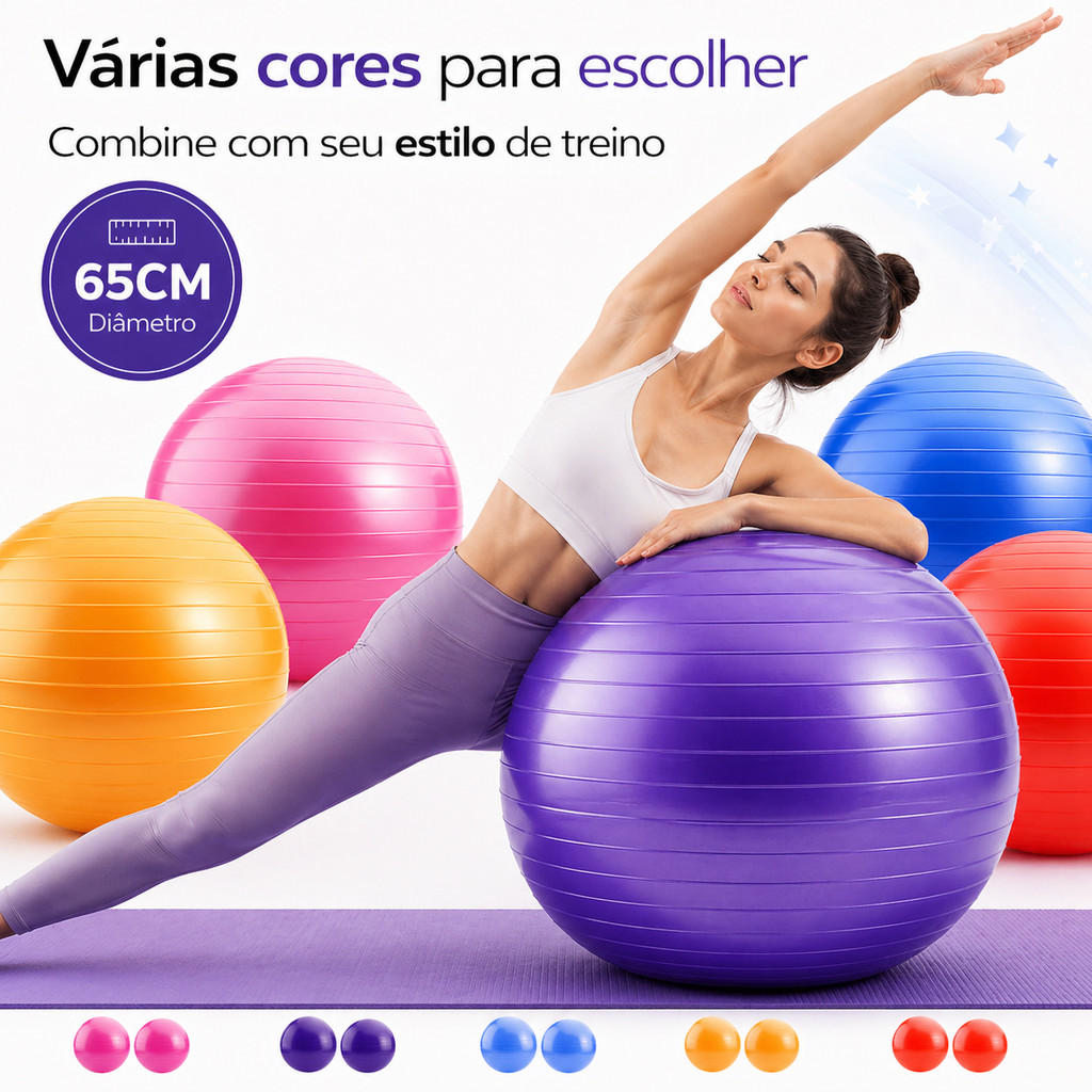 Bola de Pilates 65cm com Bomba Kit Bola Suíça para Yoga Ginástica e Exercícios