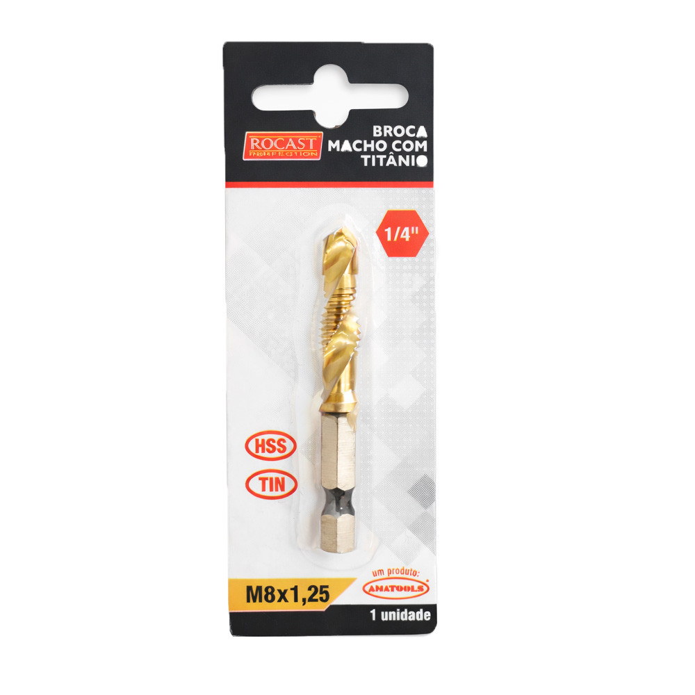 Broca Macho Aço HSS-TiN M8 x 1.25mm com Encaixe 1/4" Rocast 531,0006