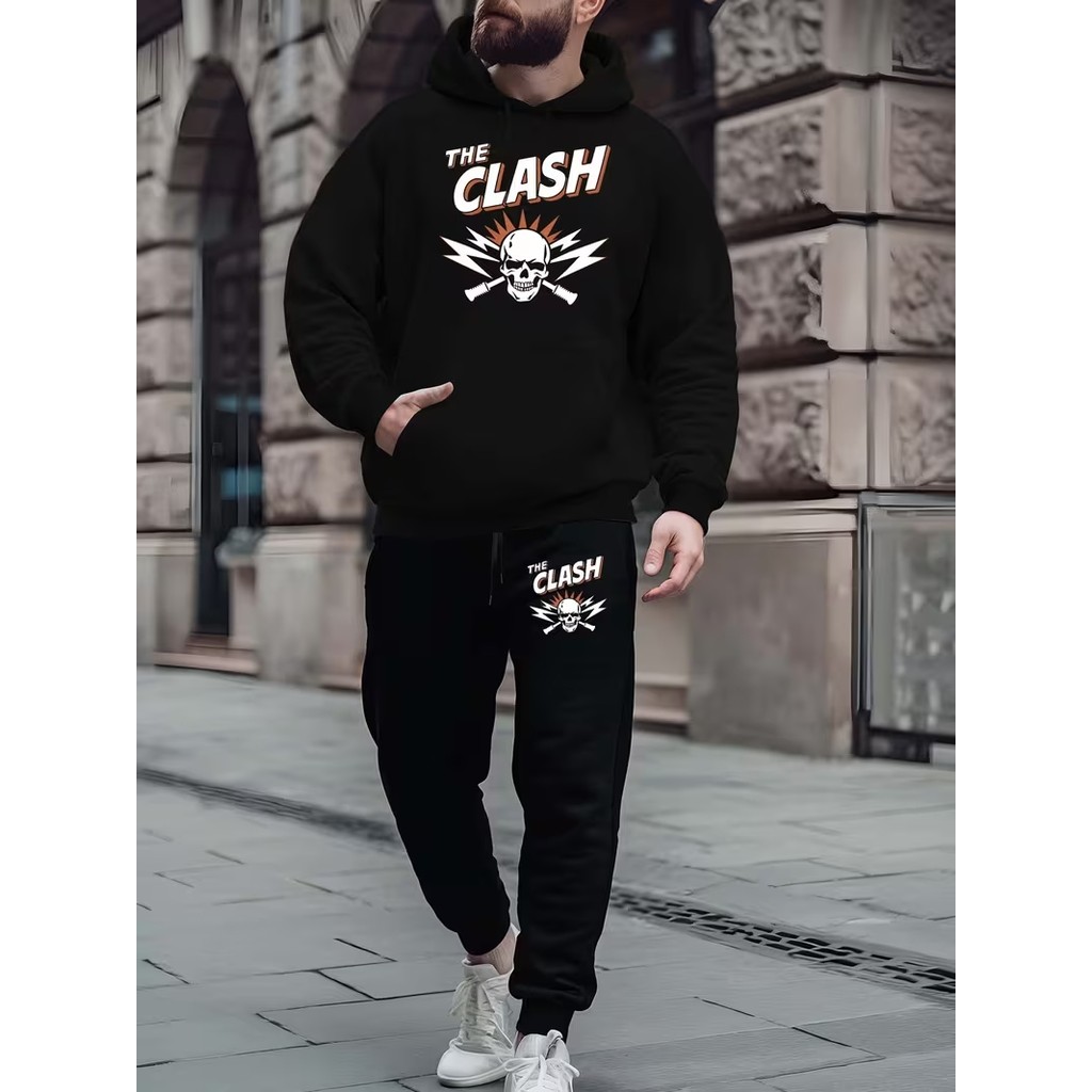 Conjunto Moletom Masculino The clash Blusa De Frio Canguru Bolso e Capuz+Calça Moletom Estampados Unissex Outono/Inverno