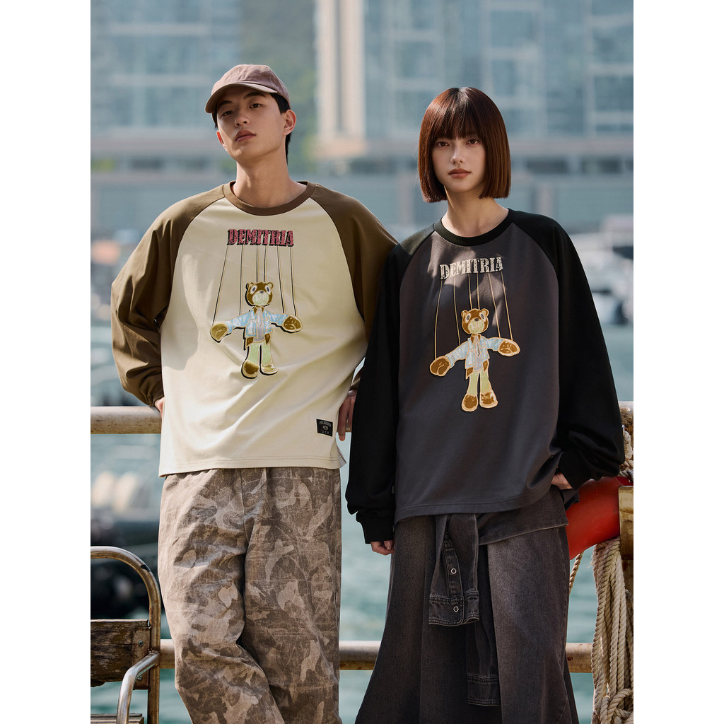 PSO Marca Roupas Masculinas Roupas Femininas Fantoche Urso Raglan Ombro Manga Comprida Gola Redonda Camiseta Masculina D