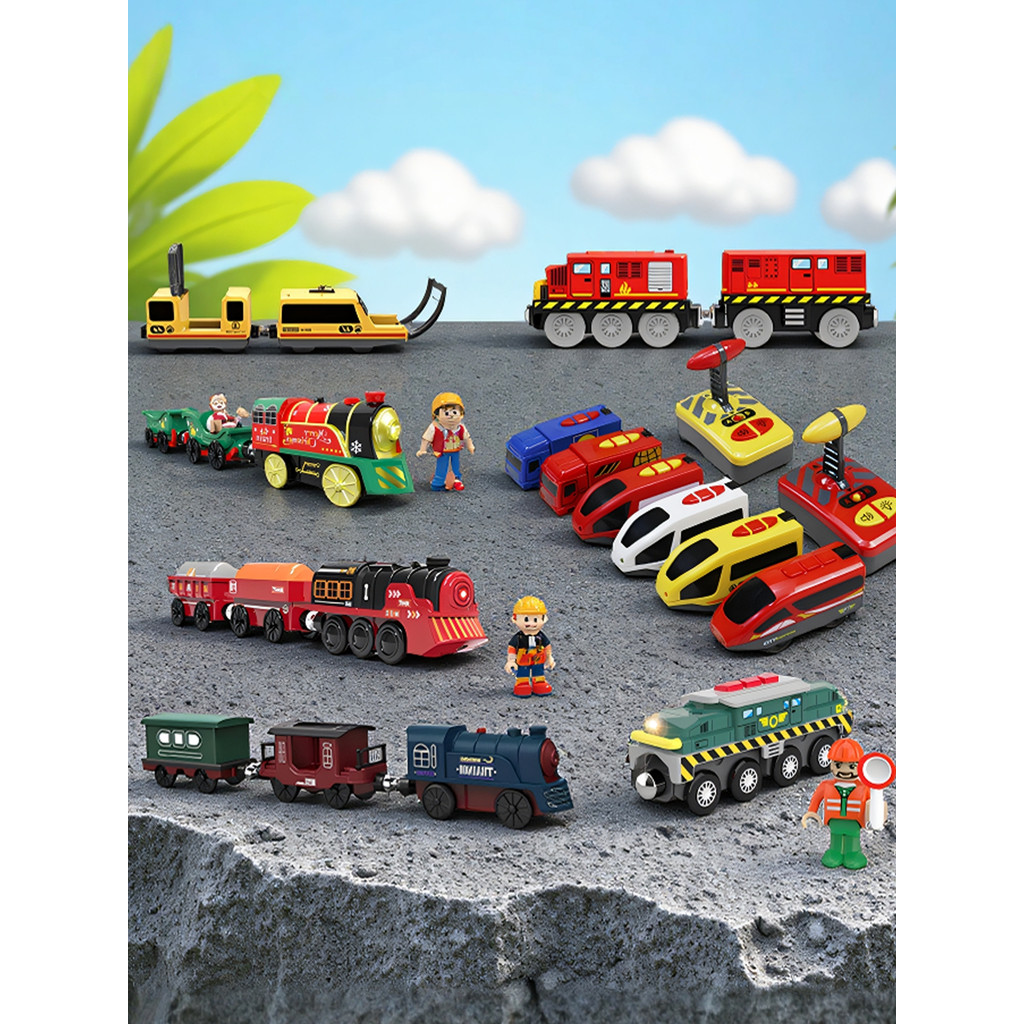 Locomotiva elétrica compatível de madeira pequena pista Mi coelho blocos de construção brio ferroviário modelo de carro