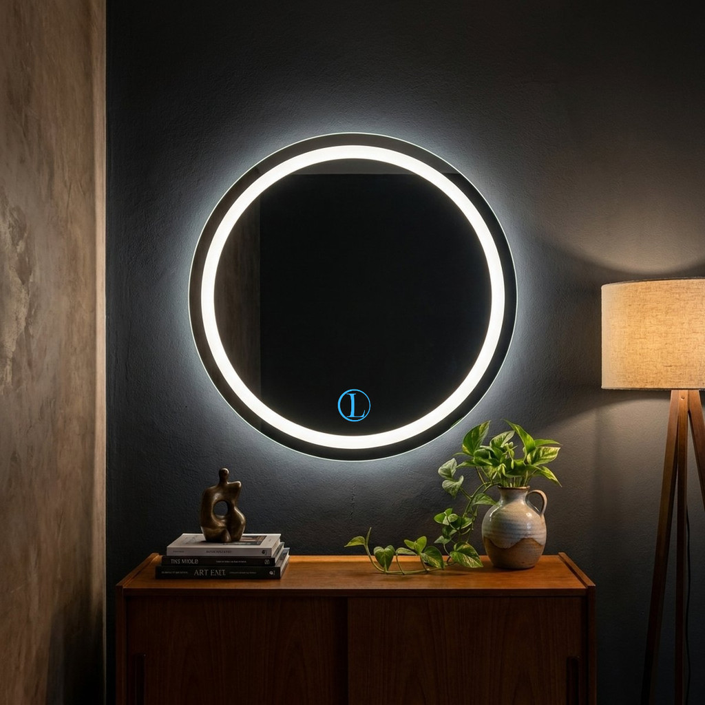 Espelho Lopazzi Redondo Bivolt com Led Jateado 3tons 80x80 Polido Penteadeira,Lavabo, Quarto, e Banheiro