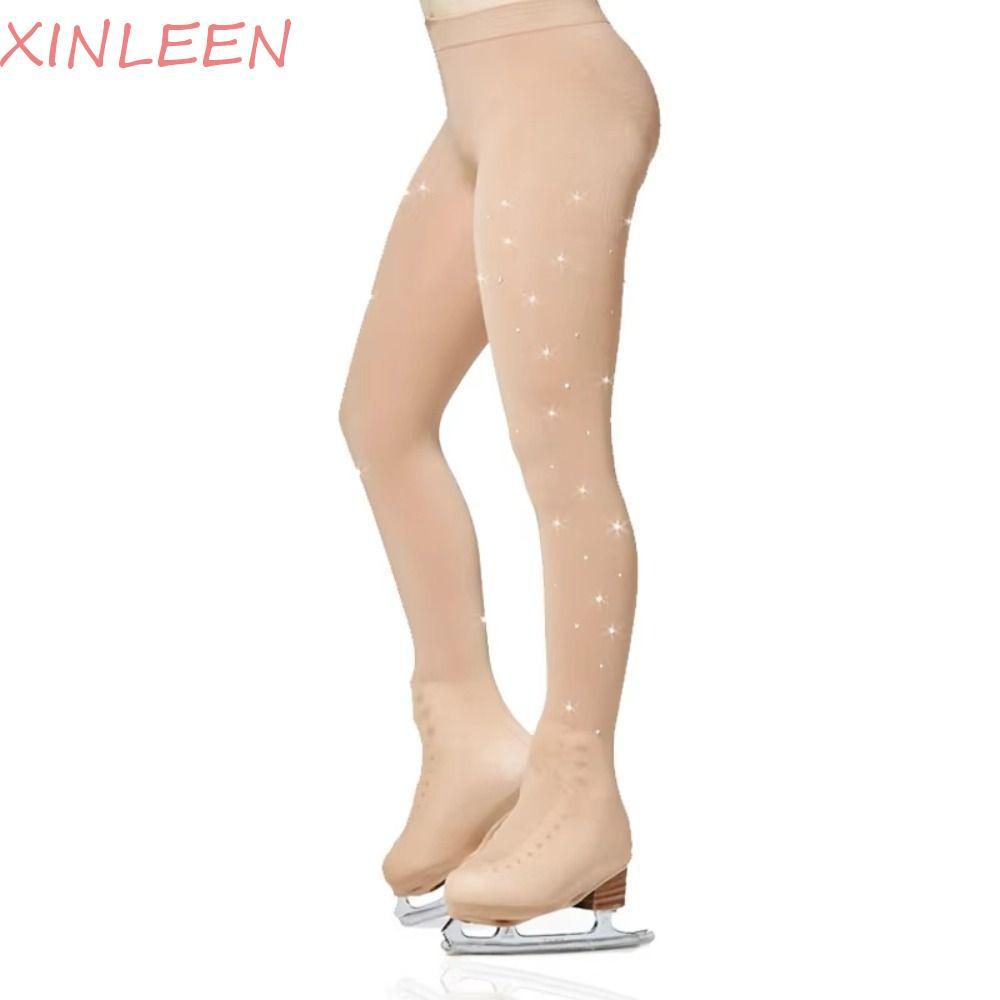 XINLEEN Meia-Calça Para Patinação Artística , Meninas Com Strass No Gelo , Meias Collant Em Tom De Pele