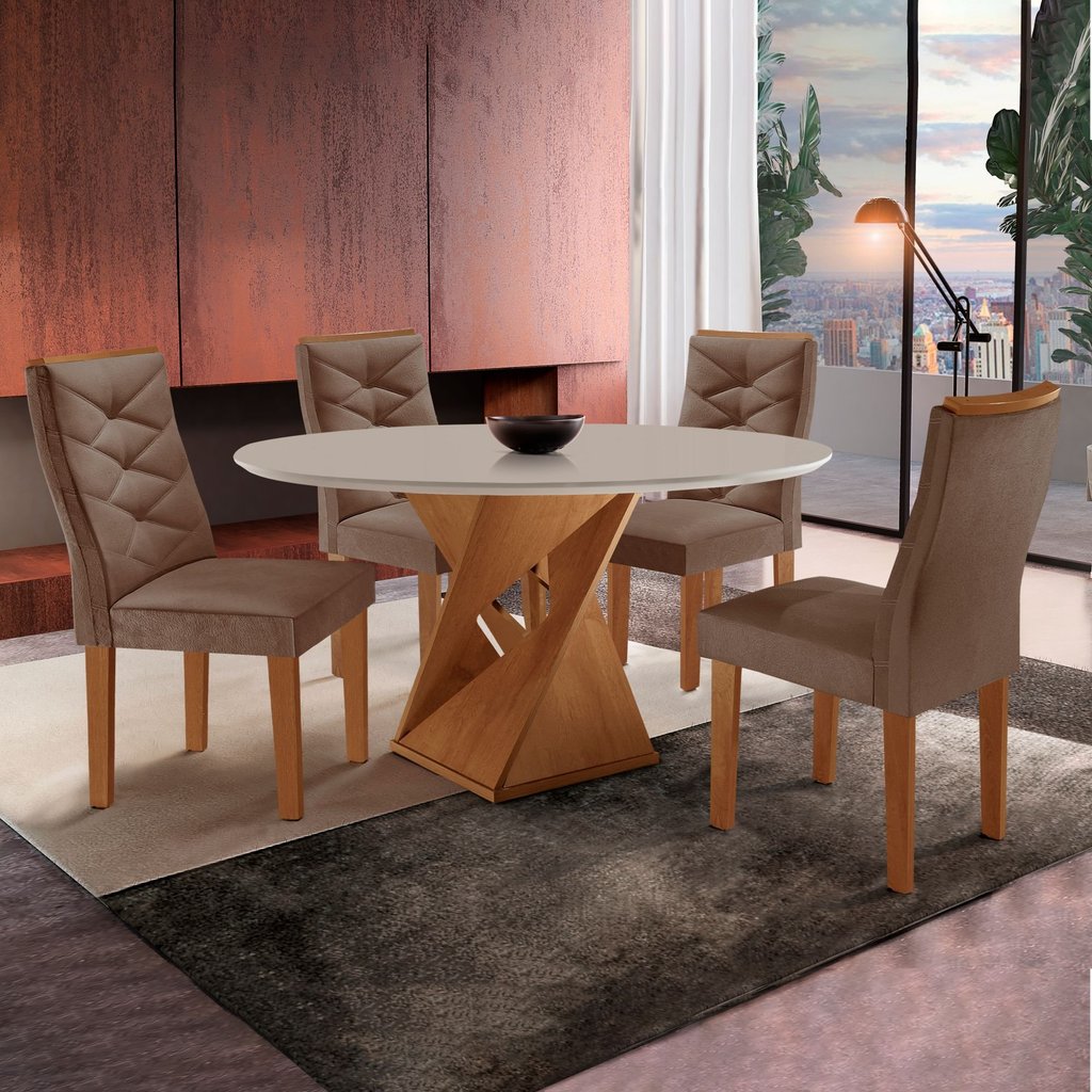 Conjunto Mesa Redonda com 4 Cadeiras Tampo MDF Barcelona Yescasa Cinamomo/Off White/Suede Animale Cinamomo/Off
