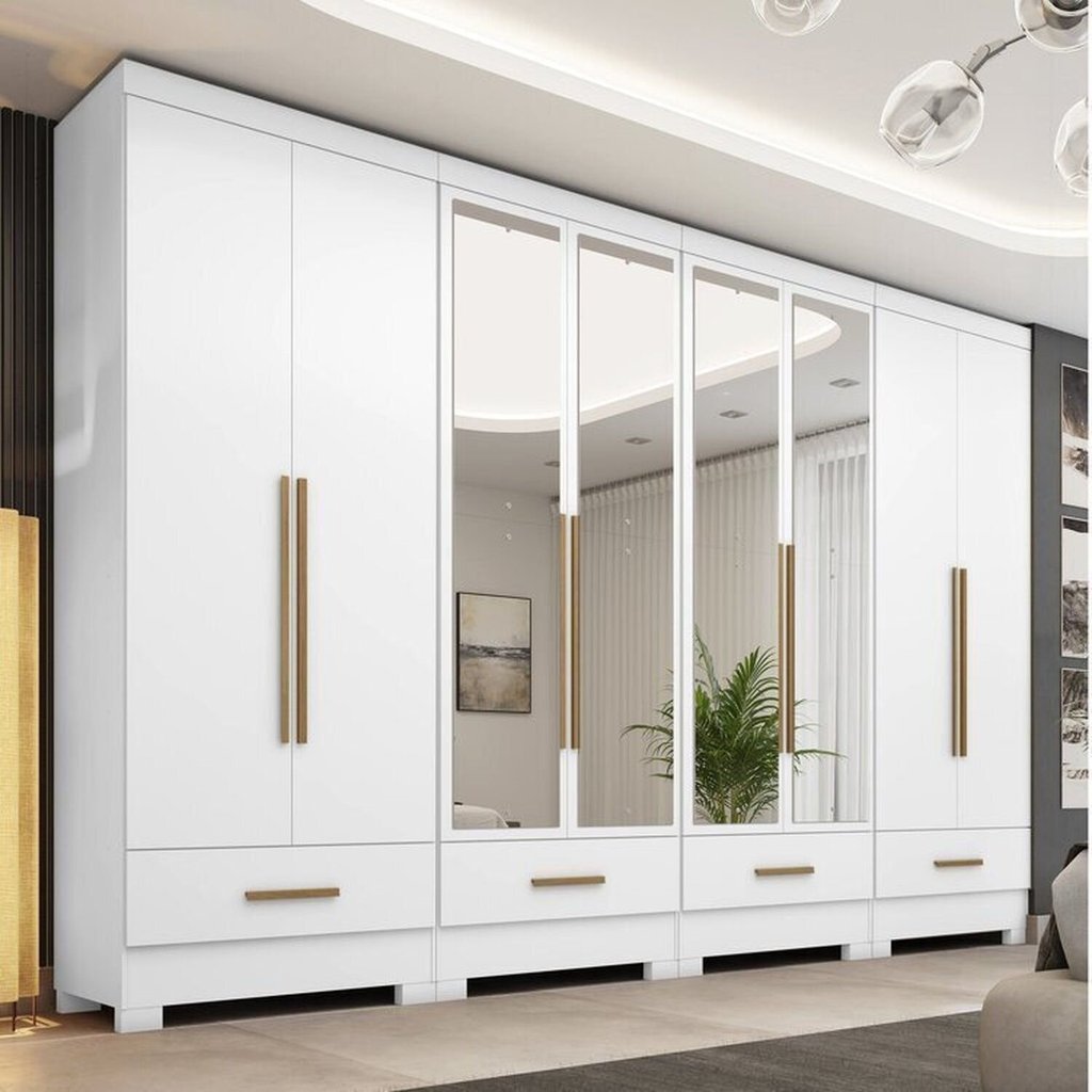 Quarto Modulado 100% MDF 4 Peças 8 Portas 4 Gavetas com Espelhos Smart Plus Branco Branco