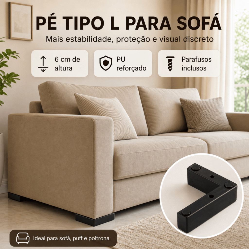 Pé De Sofá Em L Cantoneira Plástico Reforçado Para Puff E Poltrona