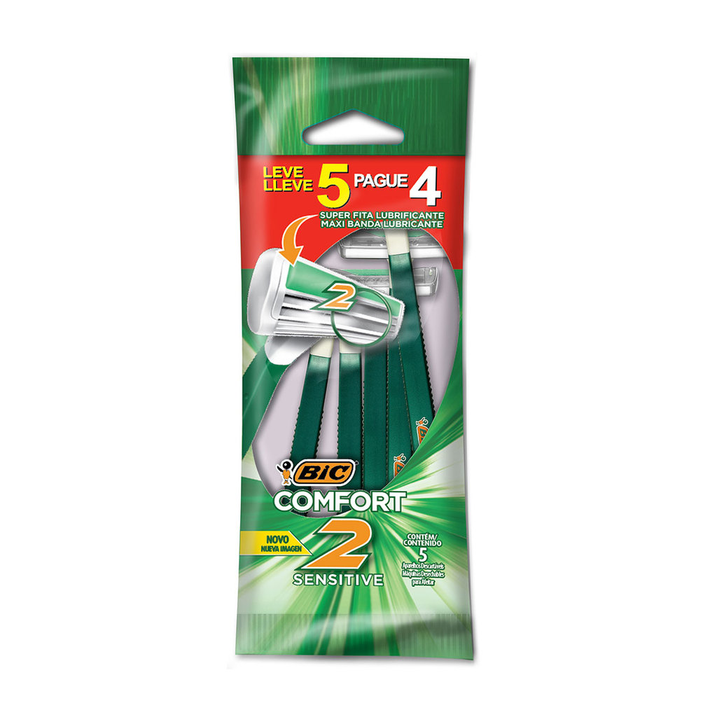 Barbeador descartável Confort2 Sensitive Verde 5 unidades Bic