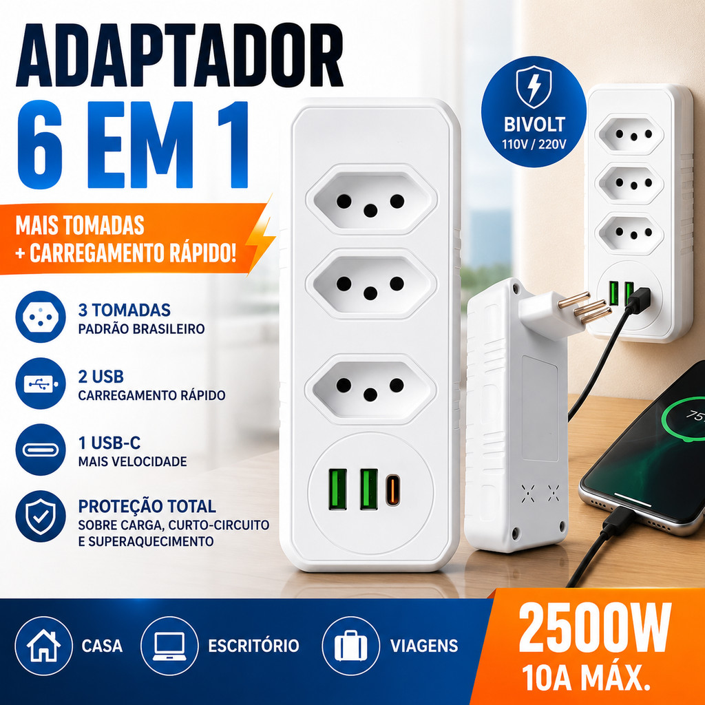 Adaptador de Tomada 6 em 1 USB e USB-C Bivolt Régua Extensão Elétrica 2500W 10A