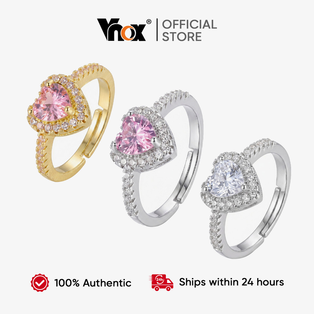Anel De Zircão Em Formato De Coração Vnox Para Mulheres E Meninas , Casamento Aberto Ajustável À Prova D'água , Joia Da