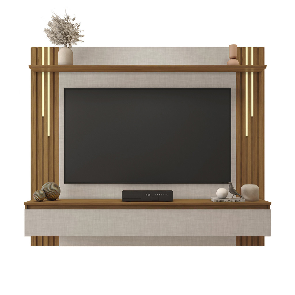 Painel Suspenso para Sala TV 65 Polegadas com Porta Basculante Prateleira Off White/Freijó - Notável