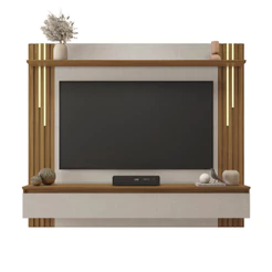 Painel Suspenso para Sala TV 65 Polegadas com Porta Basculante Prateleira Off White/Freijó - Notável
