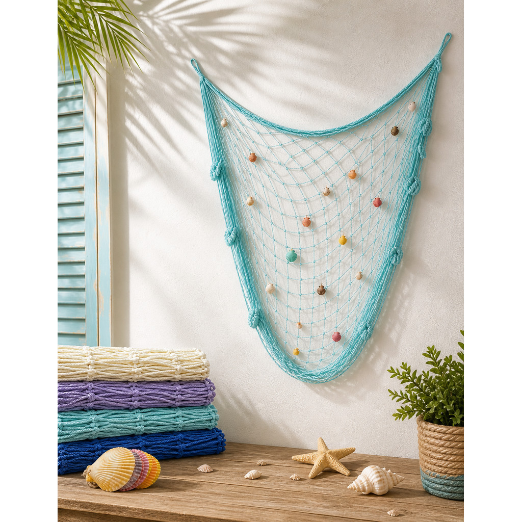 Rede De Pesca Decoração Com Conchas Náuticas Decorativo Aniversário 1x2m Diversas Cores