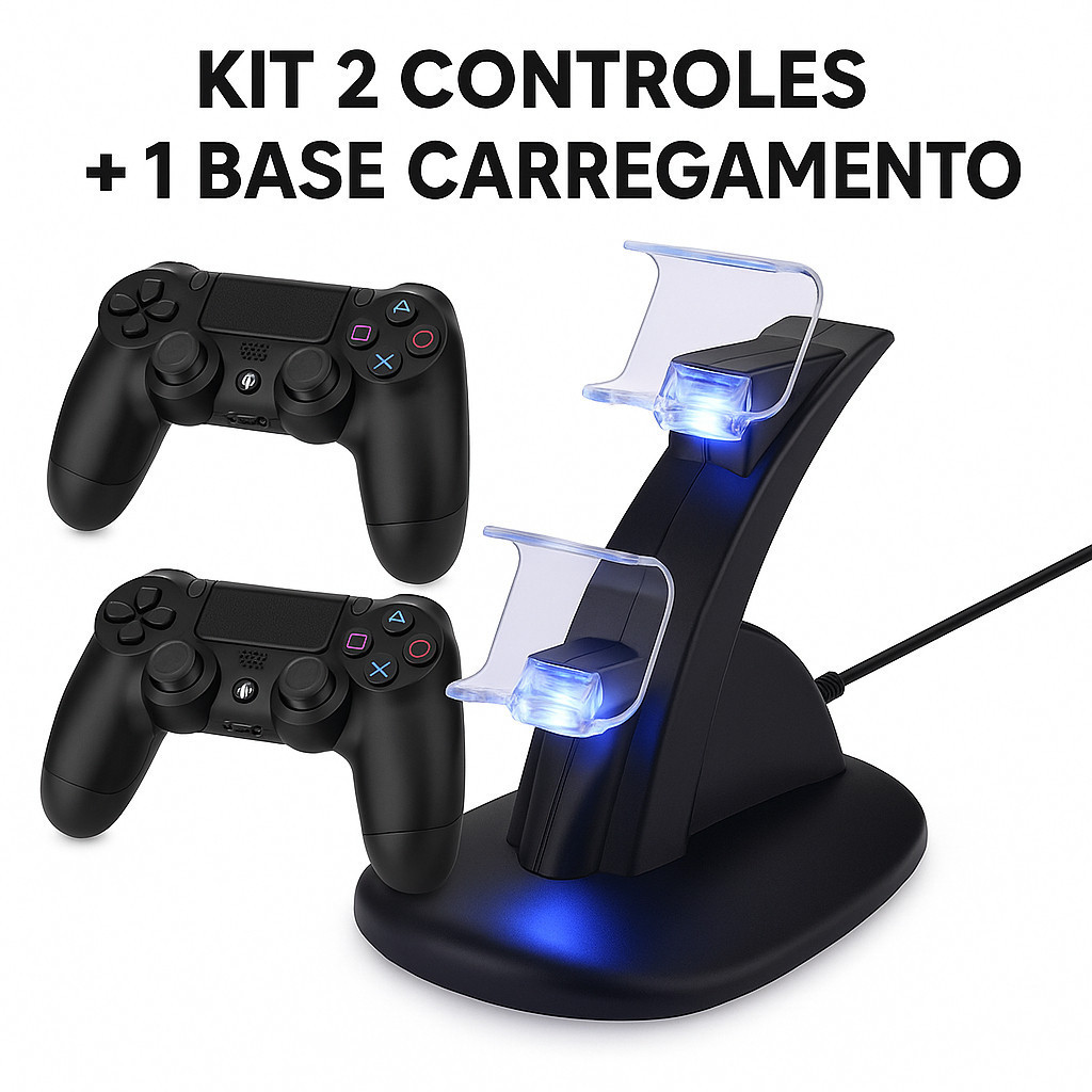 Controle PS4 Sem Fio Compatível PC Video Game com Base de Carregamento p/ até 2 controles