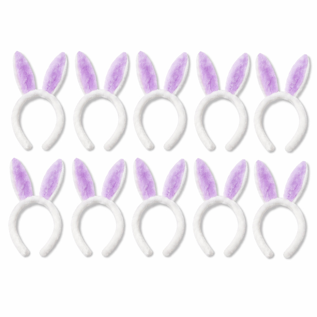 Kit 10 Tiaras de Coelho Páscoa Orelhas Felpudas Branco com Lilás Fantasia Festa