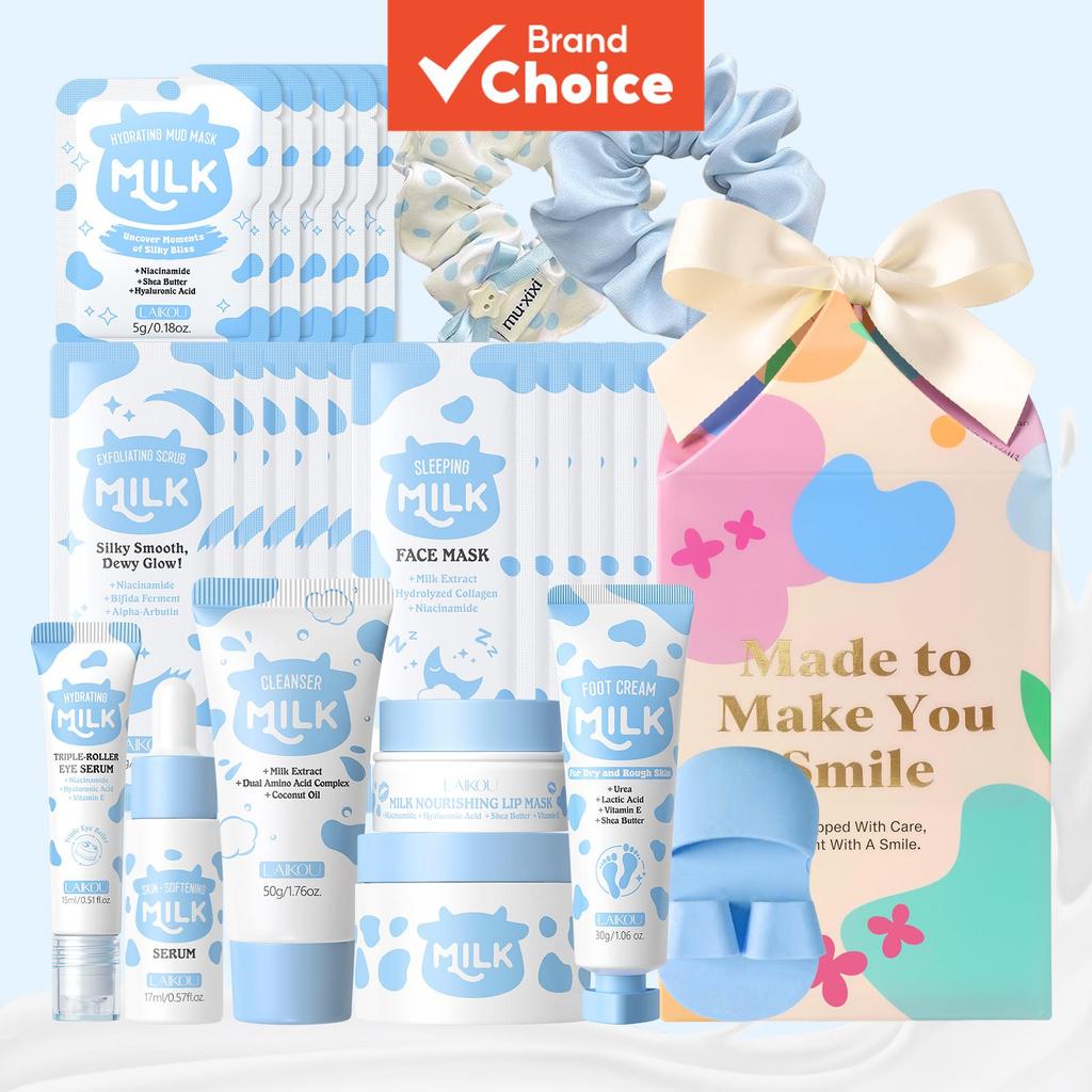  LAIKOU Kit Presente Cuidados com a Pele Leite 24 Peças Conjunto Completo para Clareamento, Nutrição e Hidratação