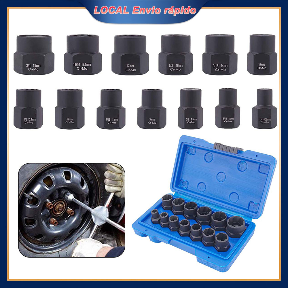 Conjunto 13 Peças Extrator Porca Manga Extratora Aço Cr-Mo Remover Parafusos Enferrujados Danificados