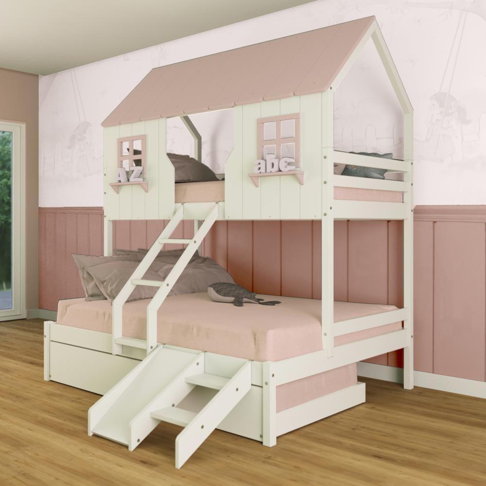 Treliche Casal/ Solteiro Casinha Encantada Com Kit Escada/ Escorregador Madeira Maciça Branco/ Rosa Megamobilia
