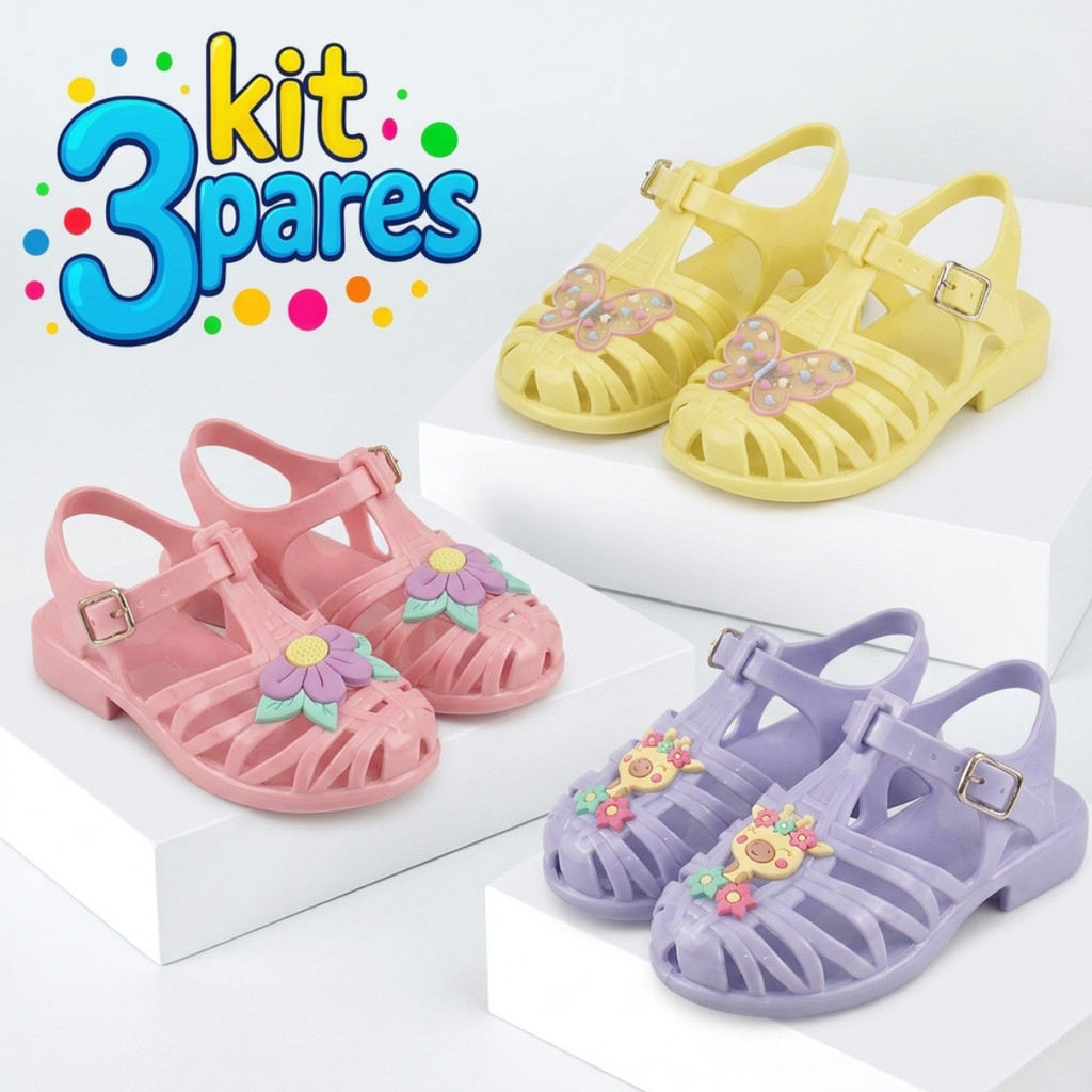Kit 3 Sandália Infantil Menina Confortável Sola Antiderrapante Moda Verão