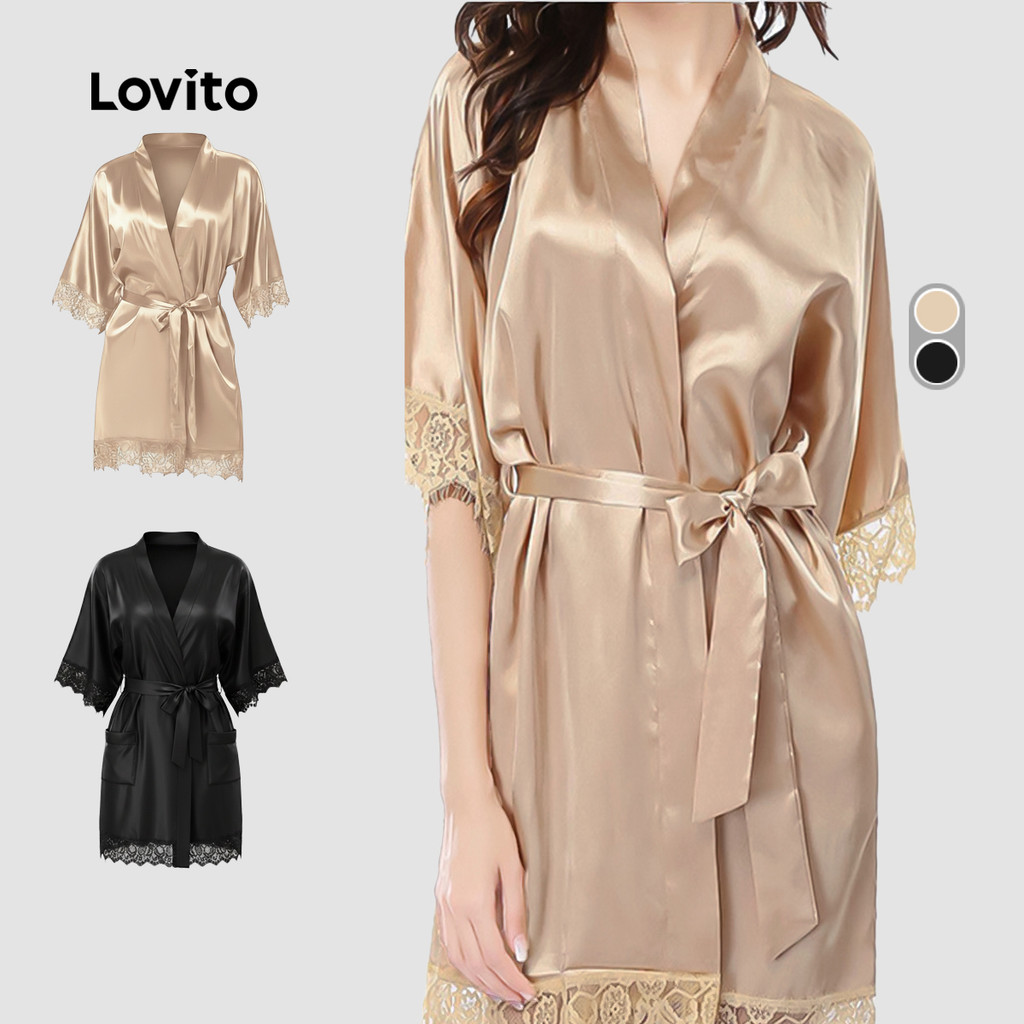 Lovito Robe Casual Cetim Seda Gelada Fresco Sensual Amarração Frontal De Renda Loungewear Feminino Bordado LNE143074