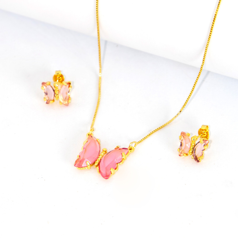 Conjunto Colar e Brinco Borboleta Quatzo - LABRILHO Joias - Banhado Ouro 18K Antialérgico