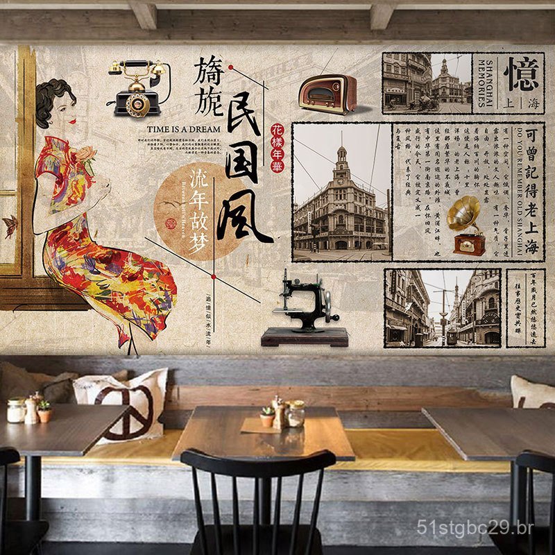 Papel de parede estilo mandarim, decoração de parede de fundo, mural de jornal vintage, cheongsam tradicional, papel de