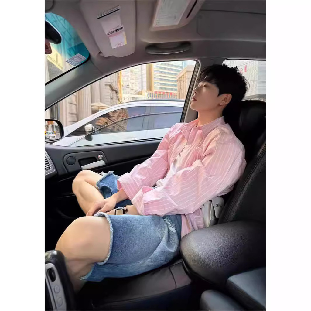 Camisa longa masculina Retro rosa camisa masculina feminina High-End listrado camisa jaqueta sol limpo meninos primavera